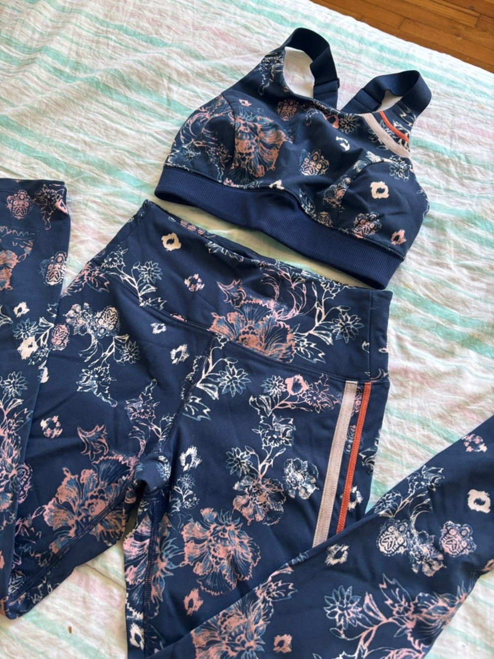 Free People Movement Set Stripe Yoga Pants Blue Floral High Waisted Bra S